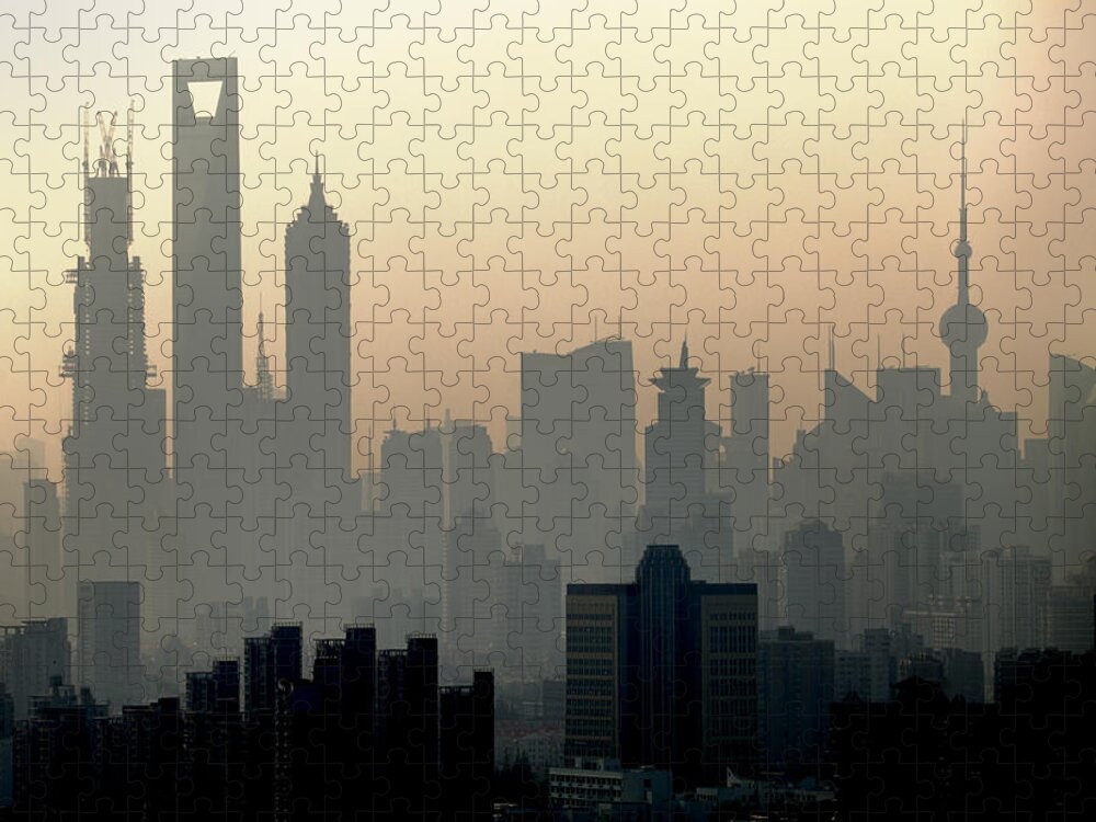 Dawn Jigsaw Puzzle featuring the photograph Shanghai Skyline Three Towers And Perl by Douglas Von Roy