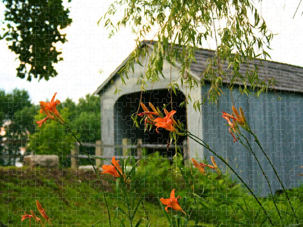 Berkshire Scenery Jigsaw Puzzle featuring the photograph Sheffield Covered Bridge Behind the Daylilies by Kristin Hatt