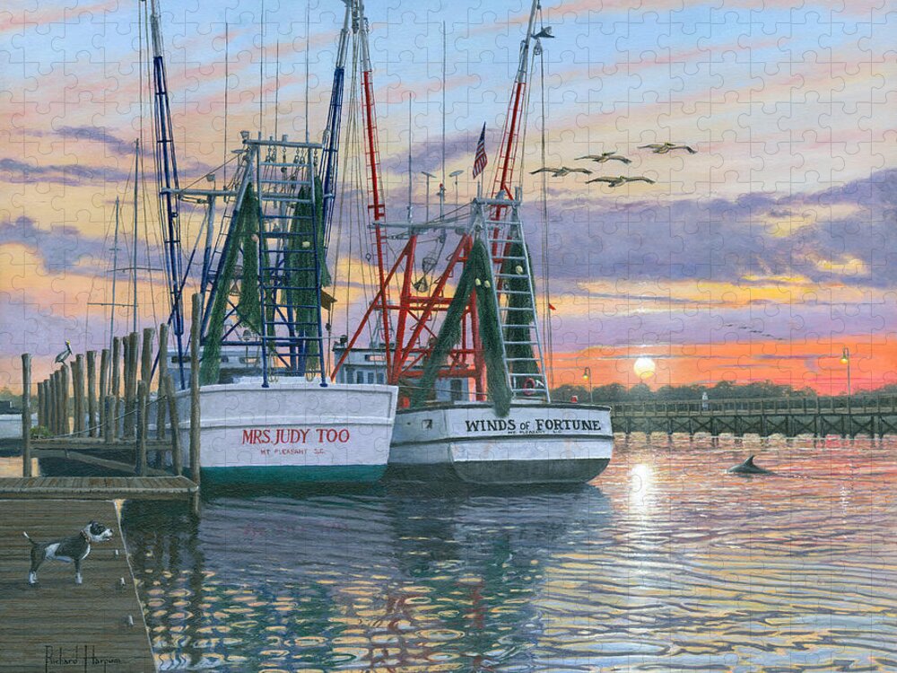 Painting For Sale Jigsaw Puzzle featuring the painting Shem Creek Shrimpers Charleston by Richard Harpum