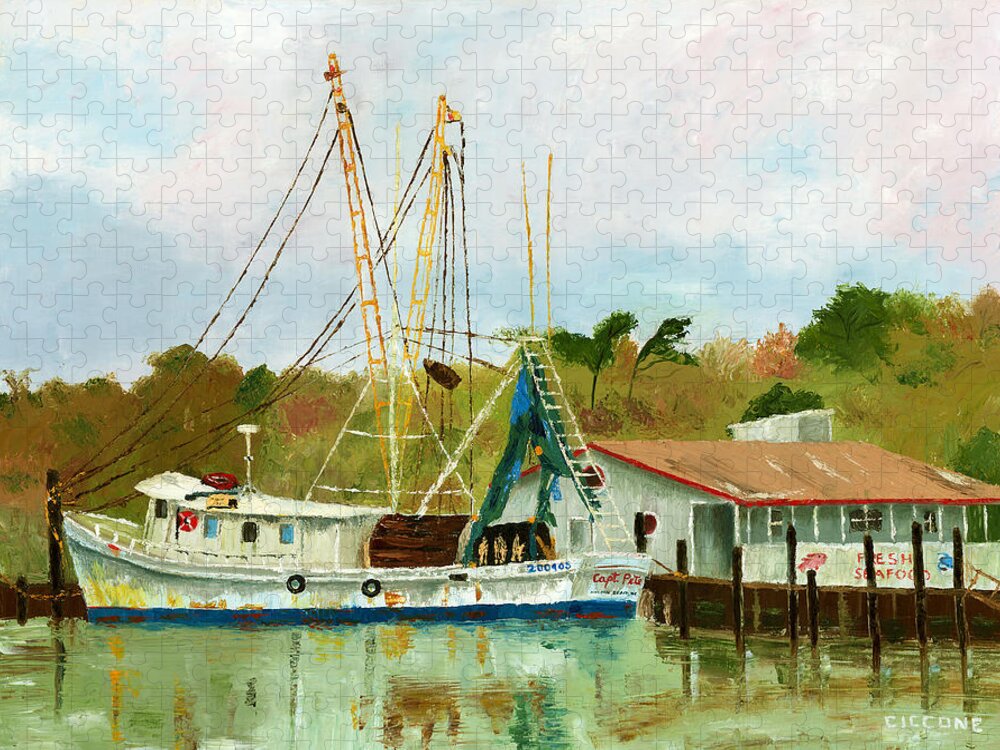 Shrimp Boat Jigsaw Puzzle featuring the painting Shrimp Boat at Dock by Jill Ciccone Pike