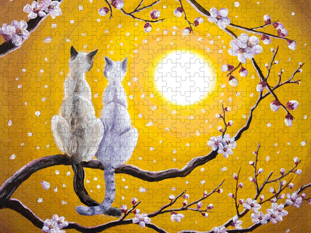 Zen Jigsaw Puzzle featuring the painting Siamese Cats Nestled in Golden Sakura by Laura Iverson