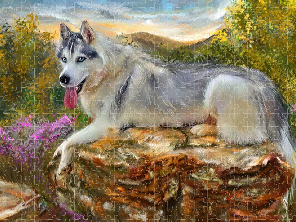 Siberian Husky Jigsaw Puzzle featuring the painting Siberian Leisure - SIberian Husky Painting by Lourry Legarde