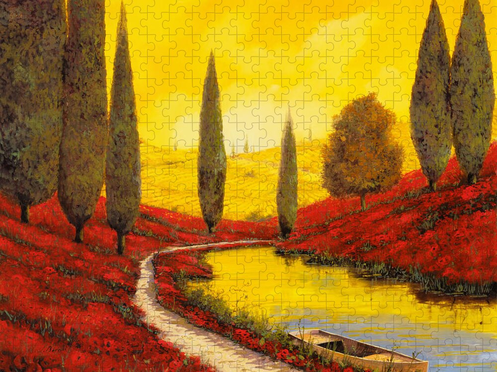 Sunset Jigsaw Puzzle featuring the painting Silenzio Tra I Cipressi by Guido Borelli