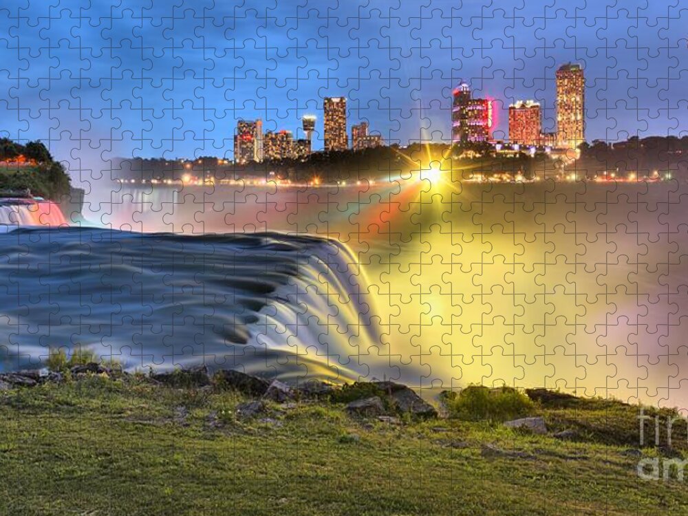 Niagara Falls Jigsaw Puzzle featuring the photograph Silky Niagara Falls Panoramic Sunset by Adam Jewell