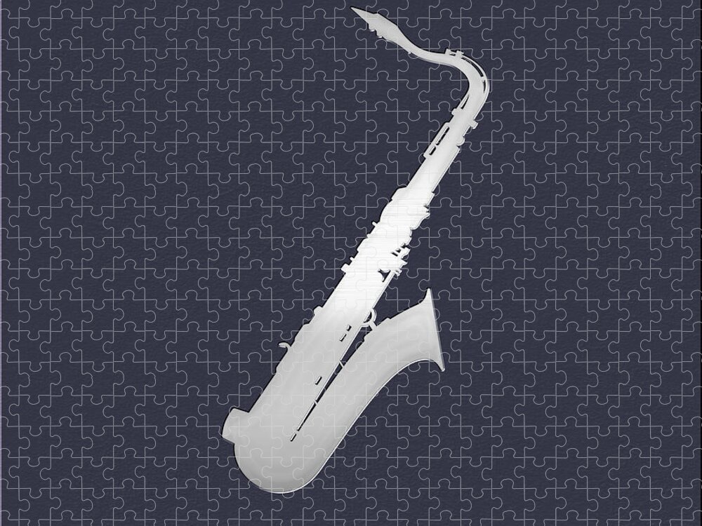 'tools Of The Trade' Collection By Serge Averbukh Jigsaw Puzzle featuring the digital art Silver Embossed Saxophone on Dark Slate Gray Background by Serge Averbukh