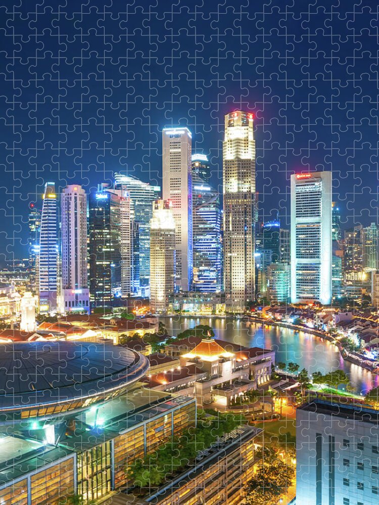 Panoramic Jigsaw Puzzle featuring the photograph Singapore At Dusk by Primeimages
