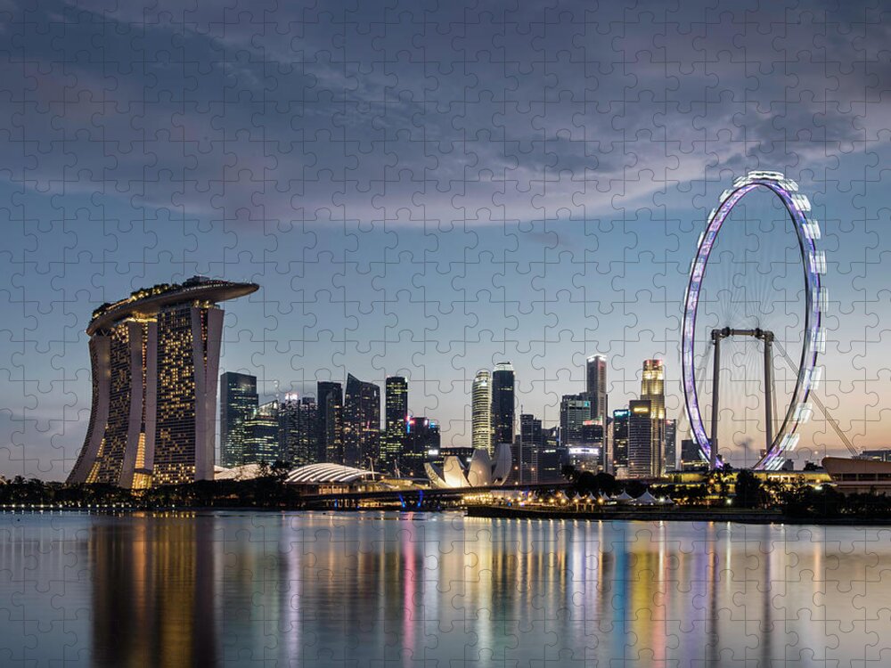 Built Structure Jigsaw Puzzle featuring the photograph Singapore Skyline At Dusk by Martin Puddy