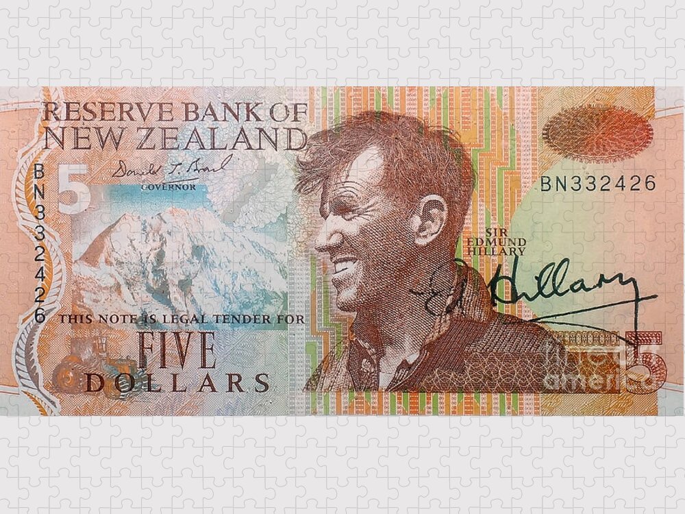 Prott Jigsaw Puzzle featuring the photograph Sir Edmund Hillary signed banknote by Rudi Prott