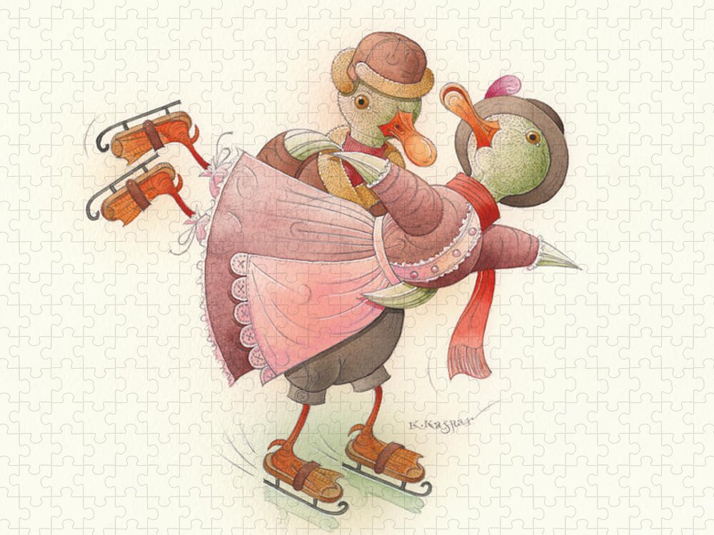 Christmas Winter Greeting Card Duck Dance Ice Snow Holiday Jigsaw Puzzle featuring the painting Skating Ducks 2 by Kestutis Kasparavicius