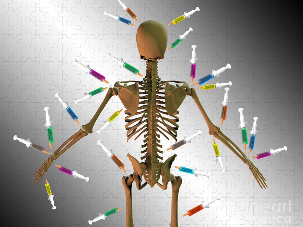 Skeleton Jigsaw Puzzle featuring the photograph Skeleton With Syringes by Mike Agliolo