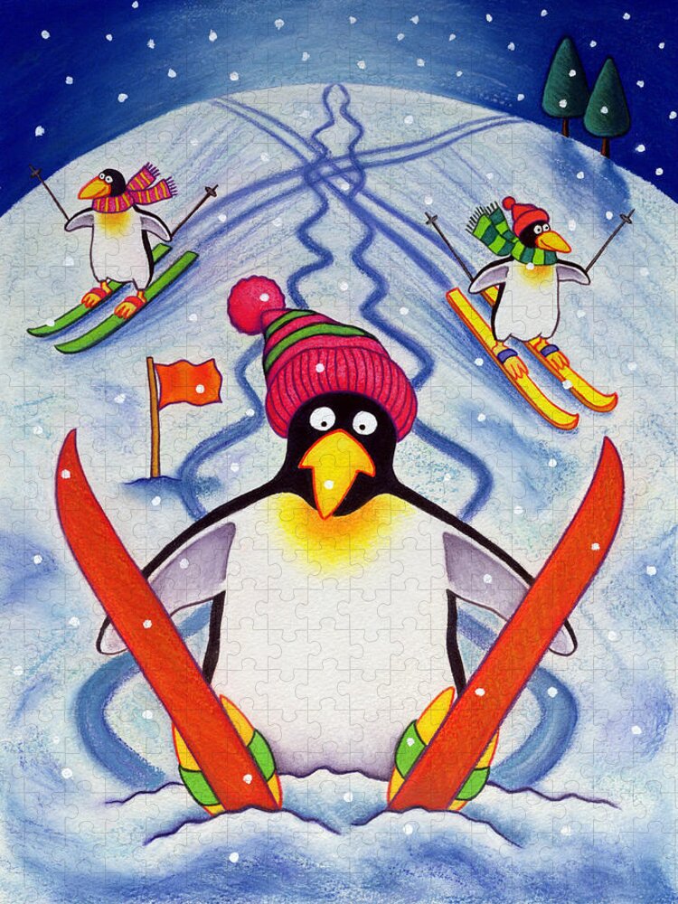 Winter; Snow; Penguin; Ski; Skis; Disaster; Accident; Pole; Wooly Hat; Pom-pom; Flag; Fall; Mountain Jigsaw Puzzle featuring the painting Skiing Holiday by Cathy Baxter
