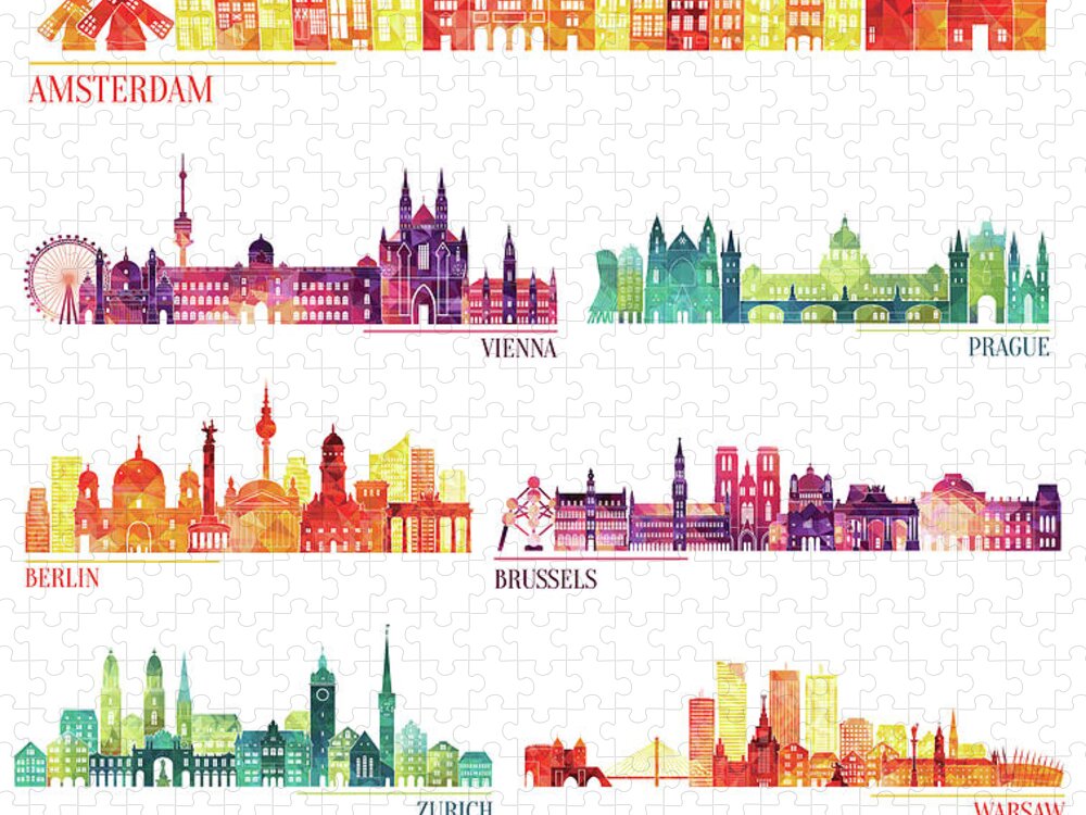 Dublin Jigsaw Puzzle featuring the digital art Skyline Detailed Silhouette Set by Katerina andronchik