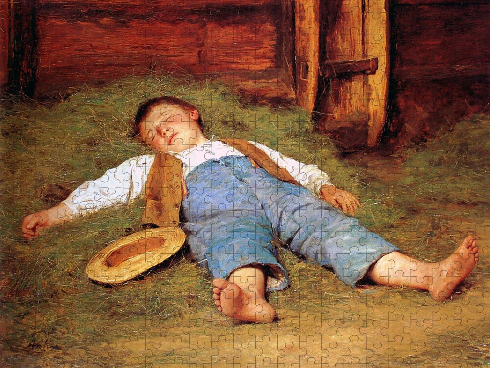 Albert Anker Jigsaw Puzzle featuring the painting Sleeping boy in the hay by Albert Anker