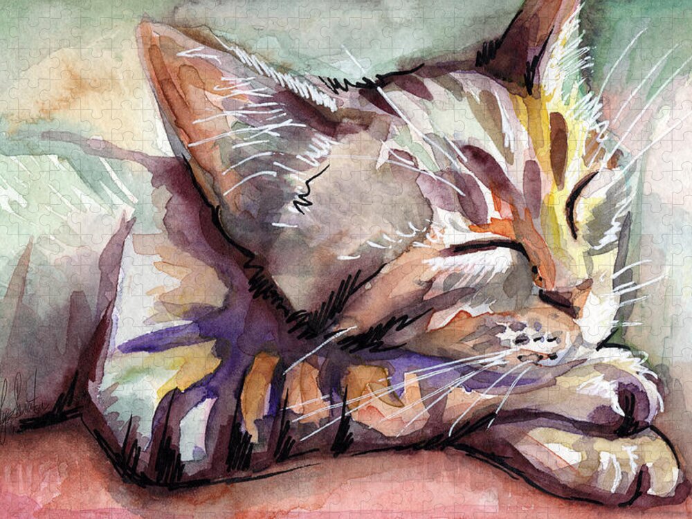 Sleeping Cat Jigsaw Puzzle featuring the painting Sleeping Kitten by Olga Shvartsur