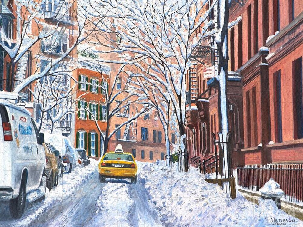 Snow Jigsaw Puzzle featuring the painting Snow West Village New York City by Anthony Butera