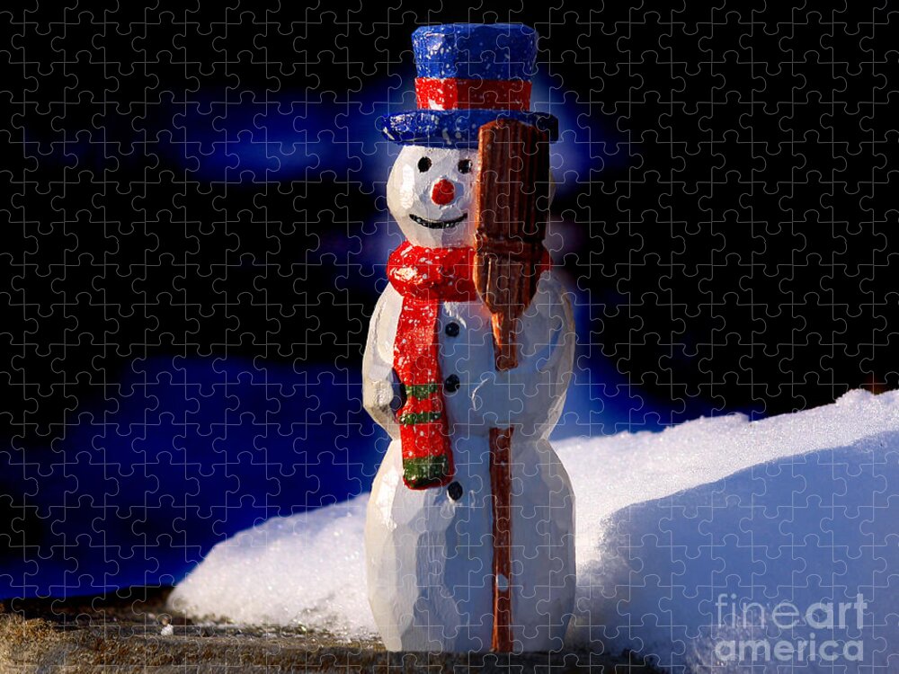 Snowman Jigsaw Puzzle featuring the sculpture Snowman by George Wood by Karen Adams
