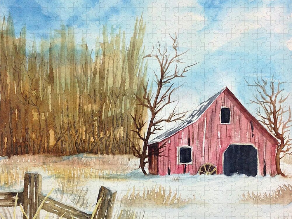 Watercolor Jigsaw Puzzle featuring the painting Snowy Barn by Rebecca Davis