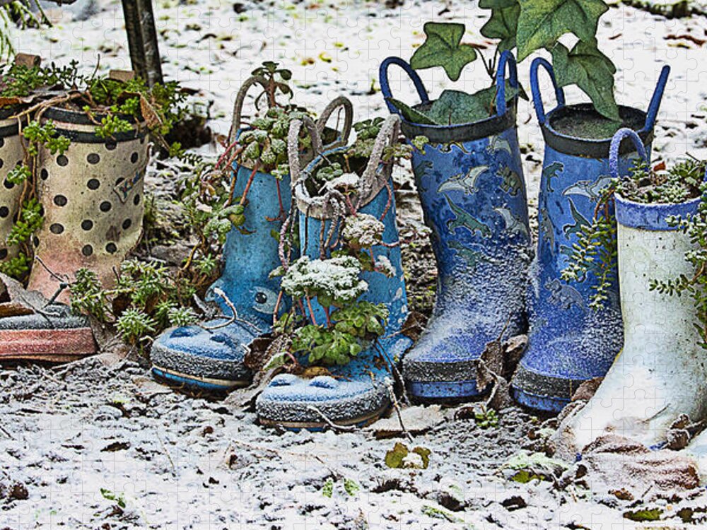 Yard Art Jigsaw Puzzle featuring the photograph Snowy Cold Rubber Boots by Ron Roberts