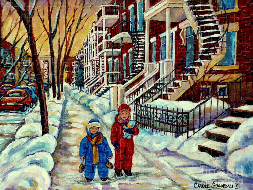 Montreal Jigsaw Puzzle featuring the painting Snowy Day Rue Fabre Le Plateau Montreal Art Winter City Scenes Paintings Carole Spandau by Carole Spandau