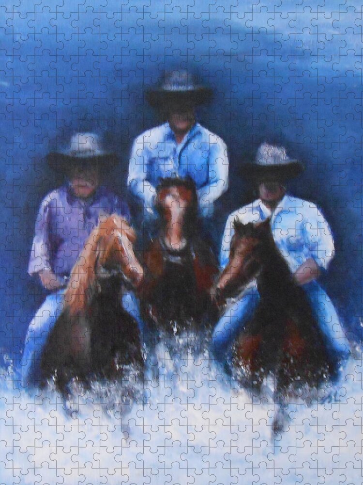 Horseman Jigsaw Puzzle featuring the painting Snowy River by Jane See