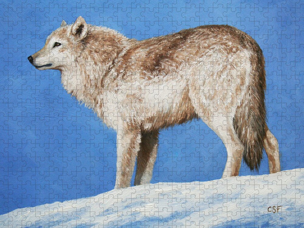 Wolf Jigsaw Puzzle featuring the painting Snowy Wolf by Crista Forest