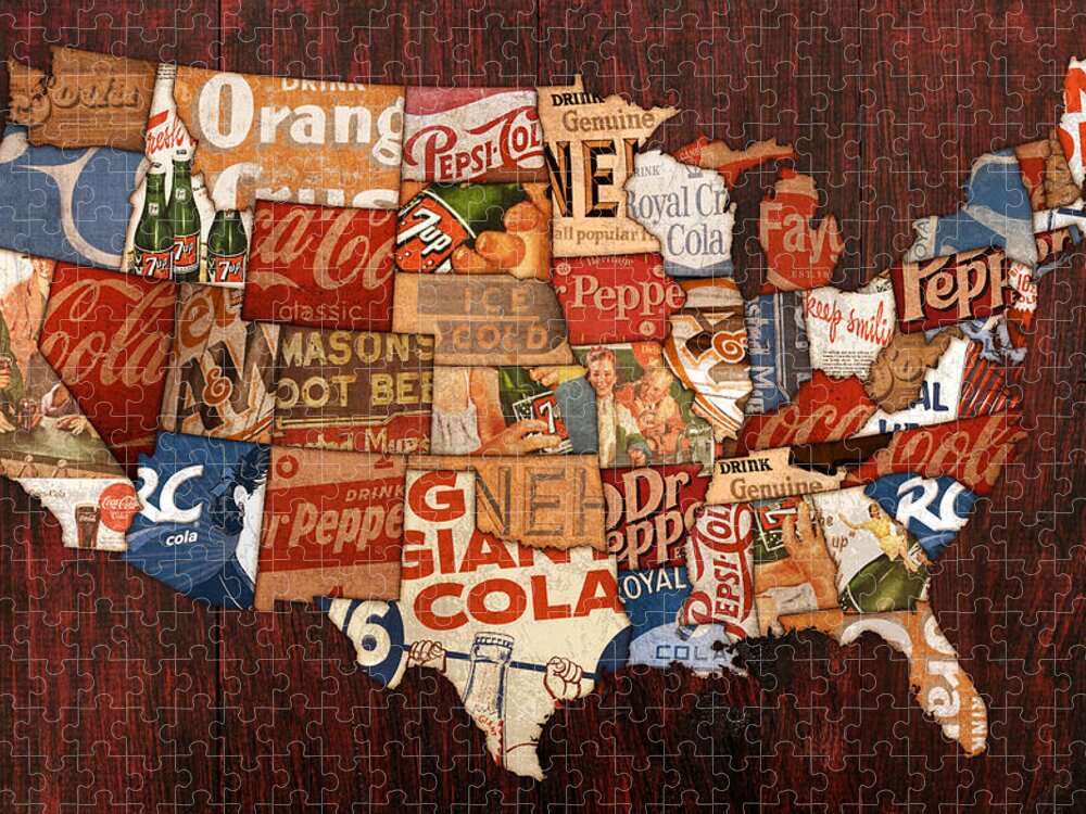 Soda Pop America Wrapper Vintage Pepsi Coke Coca Cola 7up Mountain Dew Root Beer Orange Crush Nehi Dr Pepper Drink Beverage Thirsty Usa Map Country Rc Bottle Can Box History Faygo Drink Ice Cold Carbonated Jigsaw Puzzle featuring the mixed media Soda Pop America by Design Turnpike