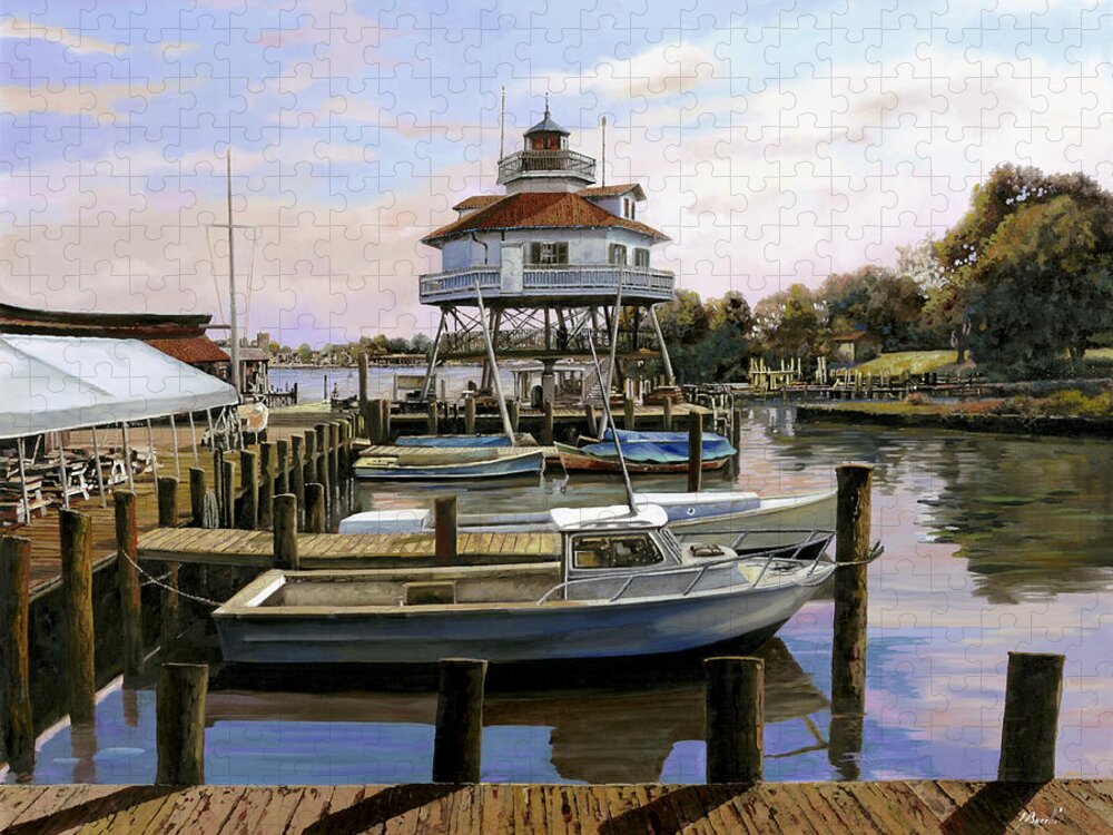 Solomon's Island Jigsaw Puzzle featuring the painting Solomon's Island Drum Point light house,MD by Guido Borelli
