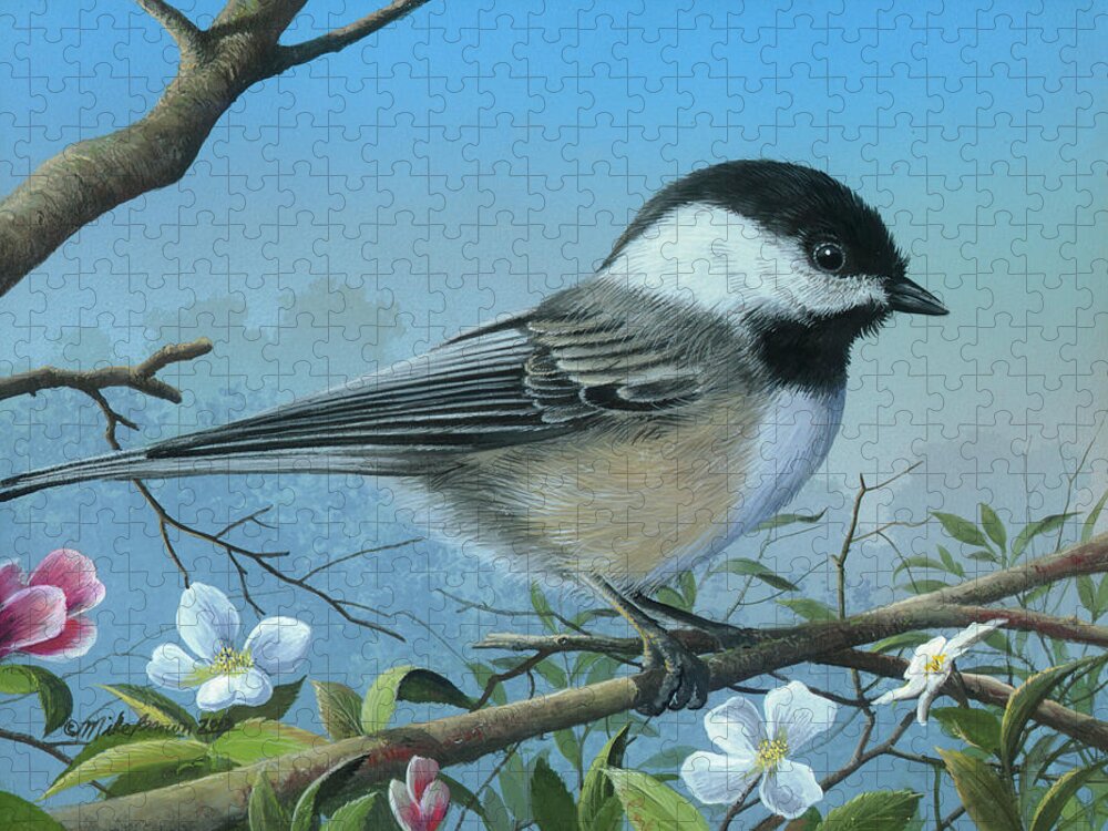 Black-capped Chickadee Painting Jigsaw Puzzle featuring the painting Sounds of Spring by Mike Brown