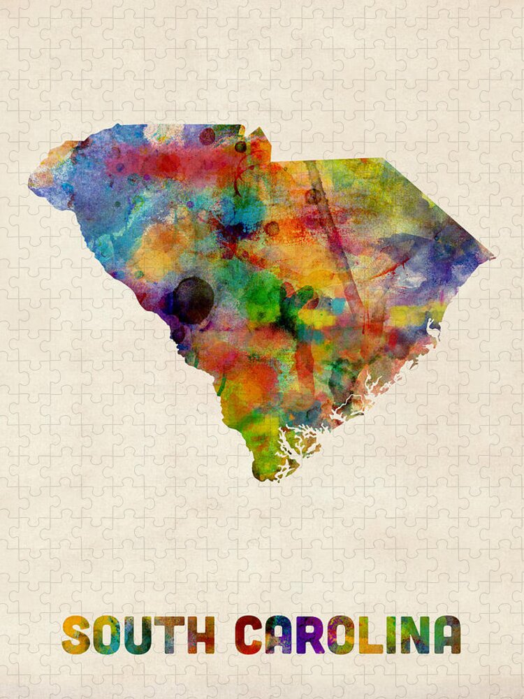 United States Map Puzzle featuring the digital art South Carolina Watercolor Map by Michael Tompsett