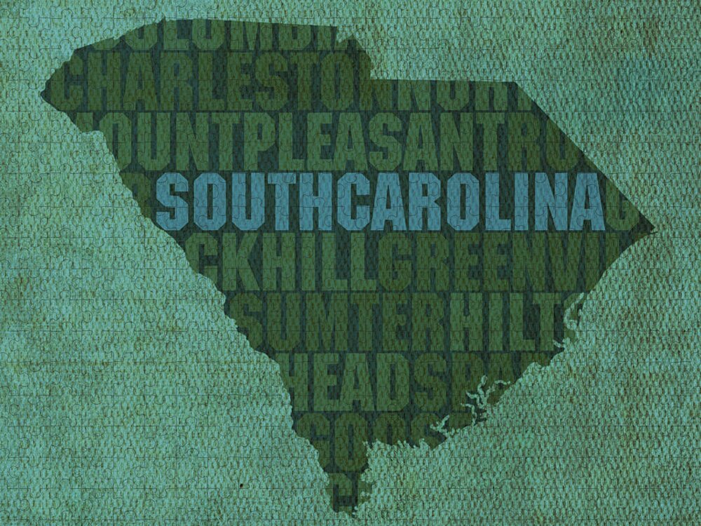 South Carolina Word Art State Map On Canvas Jigsaw Puzzle featuring the mixed media South Carolina Word Art State Map on Canvas by Design Turnpike