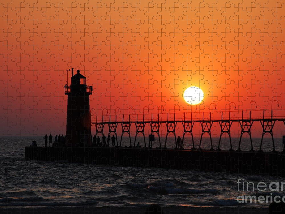 Sunset Jigsaw Puzzle featuring the photograph South Haven Lighthouse at Sunset 1 by Nancy Mueller