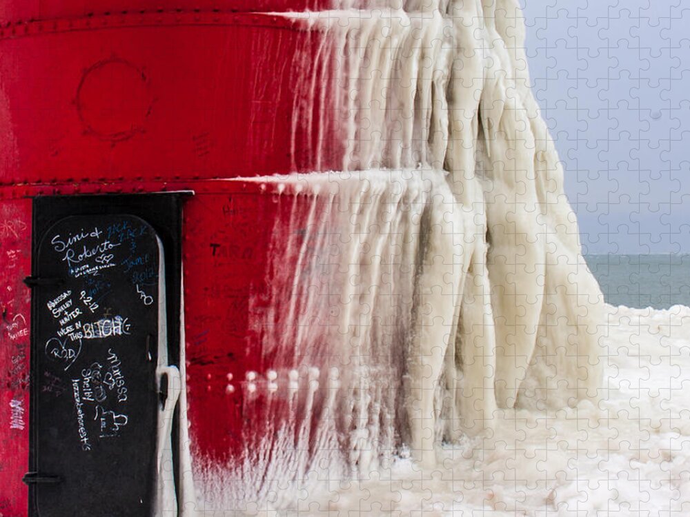 South Haven Lighthouse Jigsaw Puzzle featuring the photograph South Haven Lighthouse door Frozen by Joe Holley