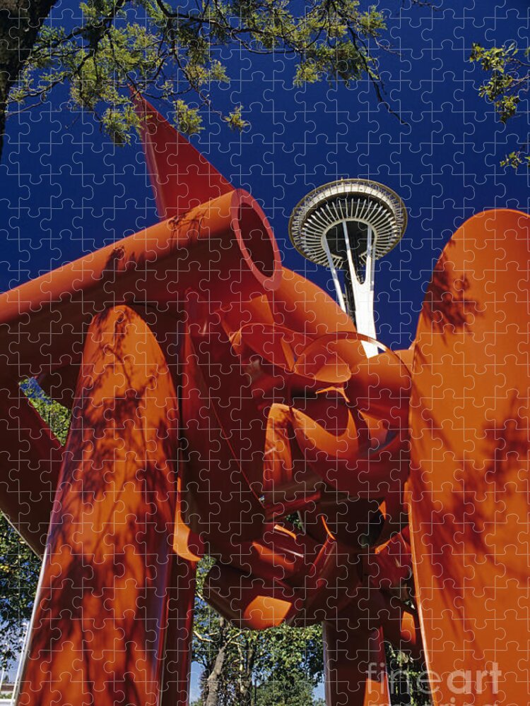 Statue Jigsaw Puzzle featuring the photograph Space Needle & Sculpture by Jim Corwin