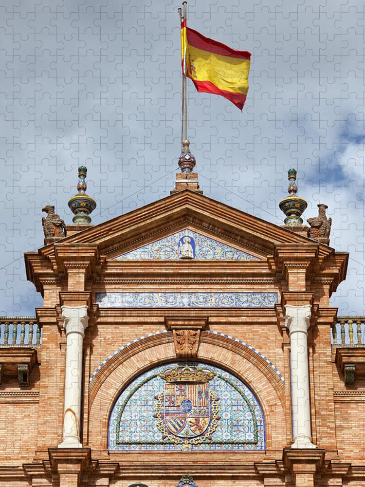 Spanish Jigsaw Puzzle featuring the photograph Spanish Flag and Crest on Plaza de Espana Pavilion in Seville by Artur Bogacki