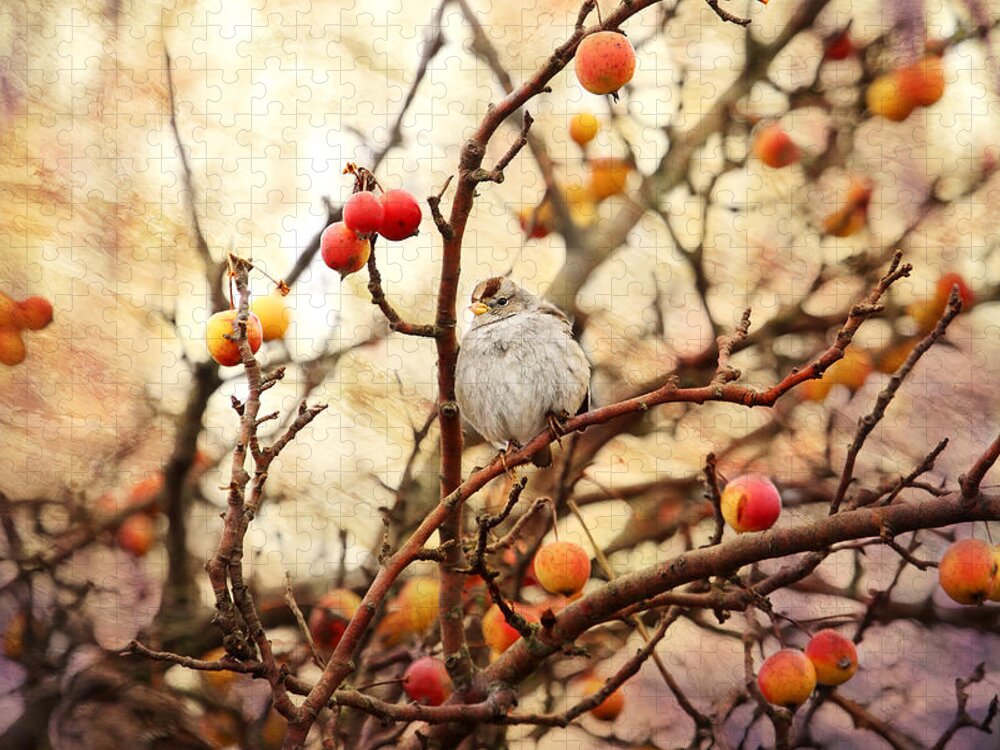 Sparrows Jigsaw Puzzle featuring the photograph Sparrow in a Crab Apple Tree by Peggy Collins