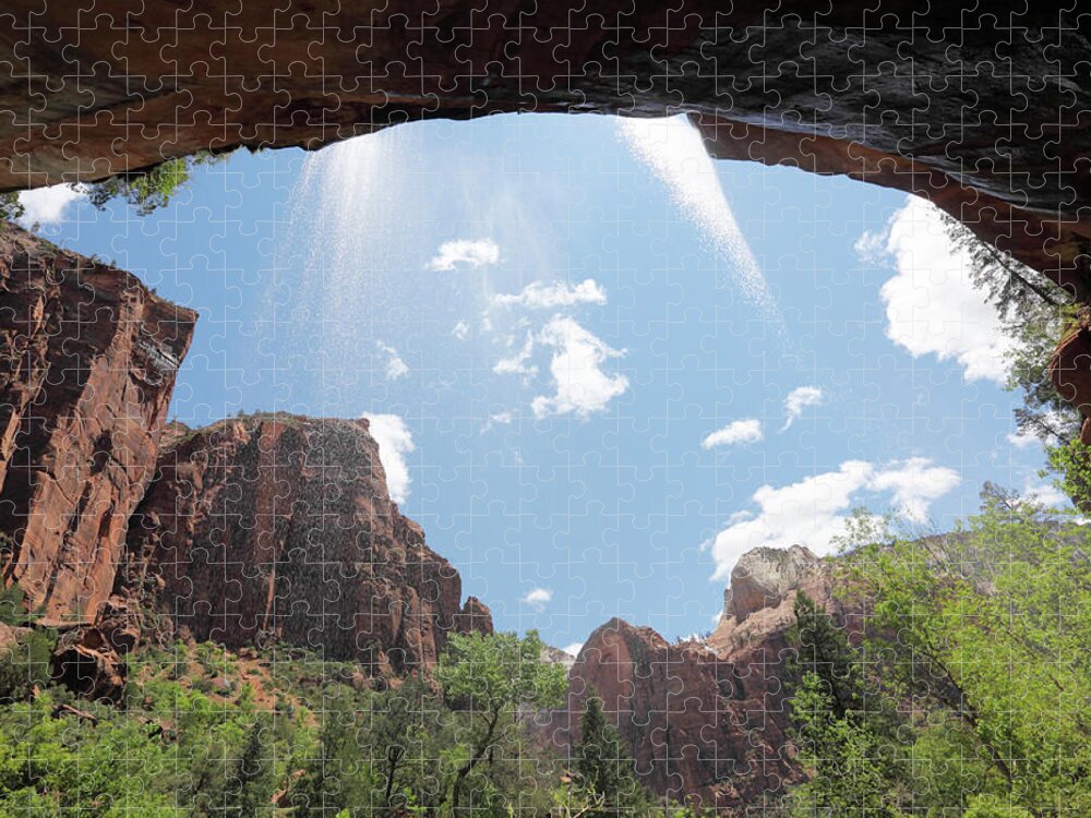 Scenics Jigsaw Puzzle featuring the photograph Spring Water Spray And Red Mountains by Arturbo