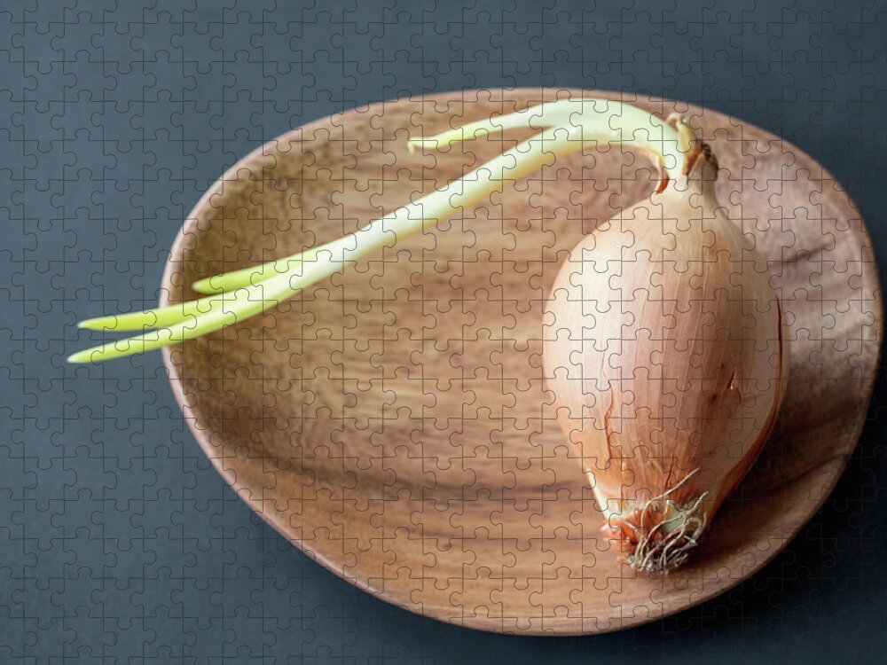 Wood Jigsaw Puzzle featuring the photograph Sprouting Onion On A Wooden Plate by Elin Enger