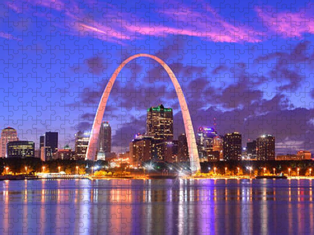 #faatoppicks Jigsaw Puzzle featuring the photograph St. Louis Skyline at Dusk Gateway Arch Color Panorama Missouri by Jon Holiday