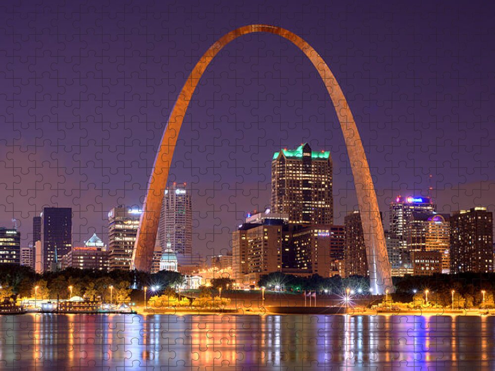 St. Louis Skyline Jigsaw Puzzle featuring the photograph St. Louis Skyline at Night Gateway Arch Color Panorama Missouri by Jon Holiday