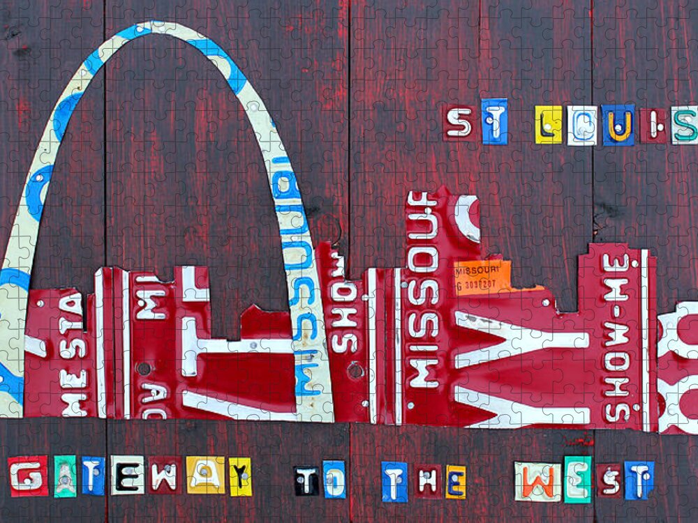 St. Louis Jigsaw Puzzle featuring the mixed media St. Louis Skyline License Plate Art by Design Turnpike