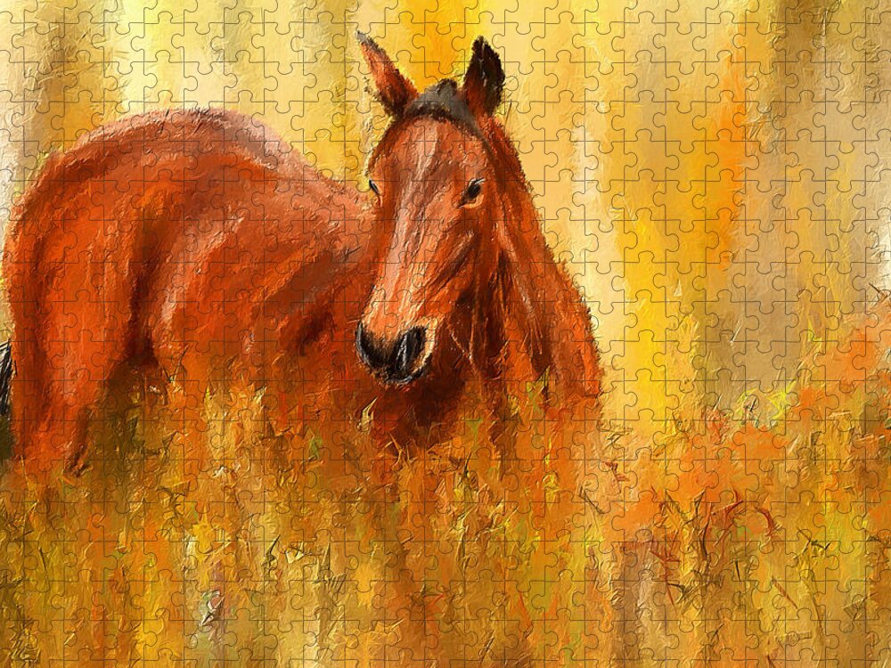 Bay Horse Paintings Jigsaw Puzzle featuring the painting Stallion in Autumn - Bay Horse Paintings by Lourry Legarde