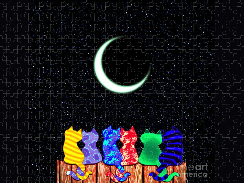 Colorful Cat Art Jigsaw Puzzle featuring the drawing Star Gazers by Nick Gustafson