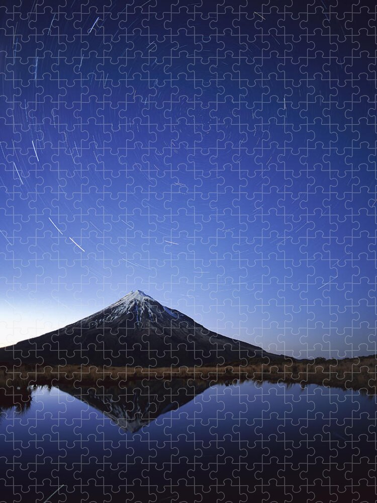 Feb0514 Puzzle featuring the photograph Star Trails Over Mt Taranaki New Zealand by Harley Betts