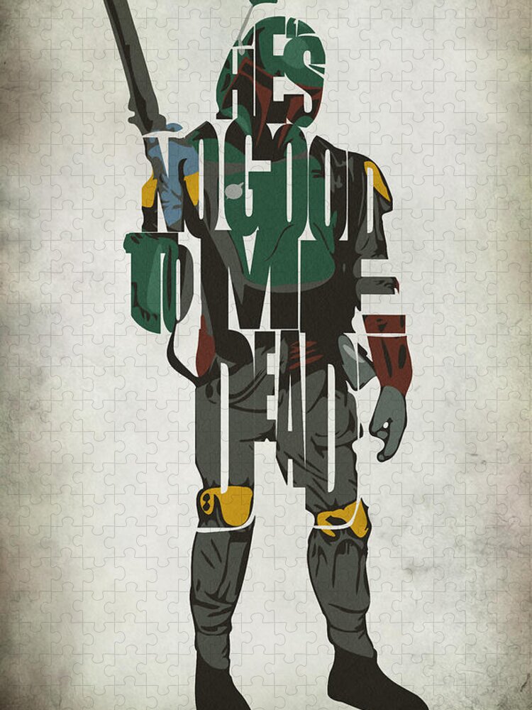 Boba Fett Jigsaw Puzzle featuring the painting Star Wars Inspired Boba Fett Typography Artwork by Inspirowl Design