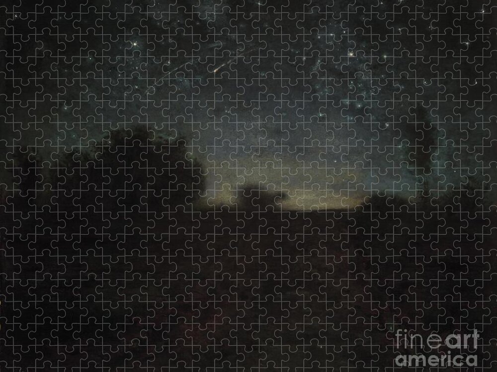Black Jigsaw Puzzle featuring the painting Starry Night by Jean-Francois Millet