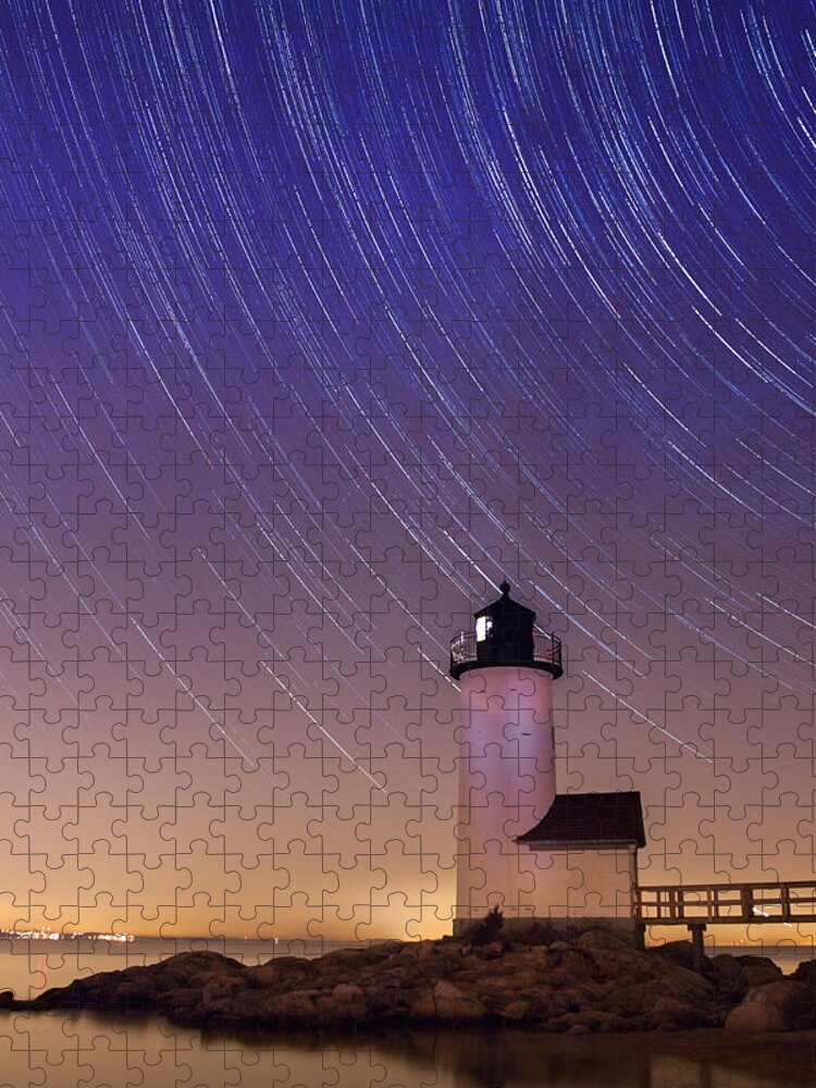 Annisquam Lighthouse Massachusetts Jigsaw Puzzle featuring the photograph Stars trailing over Lighthouse by Jeff Folger
