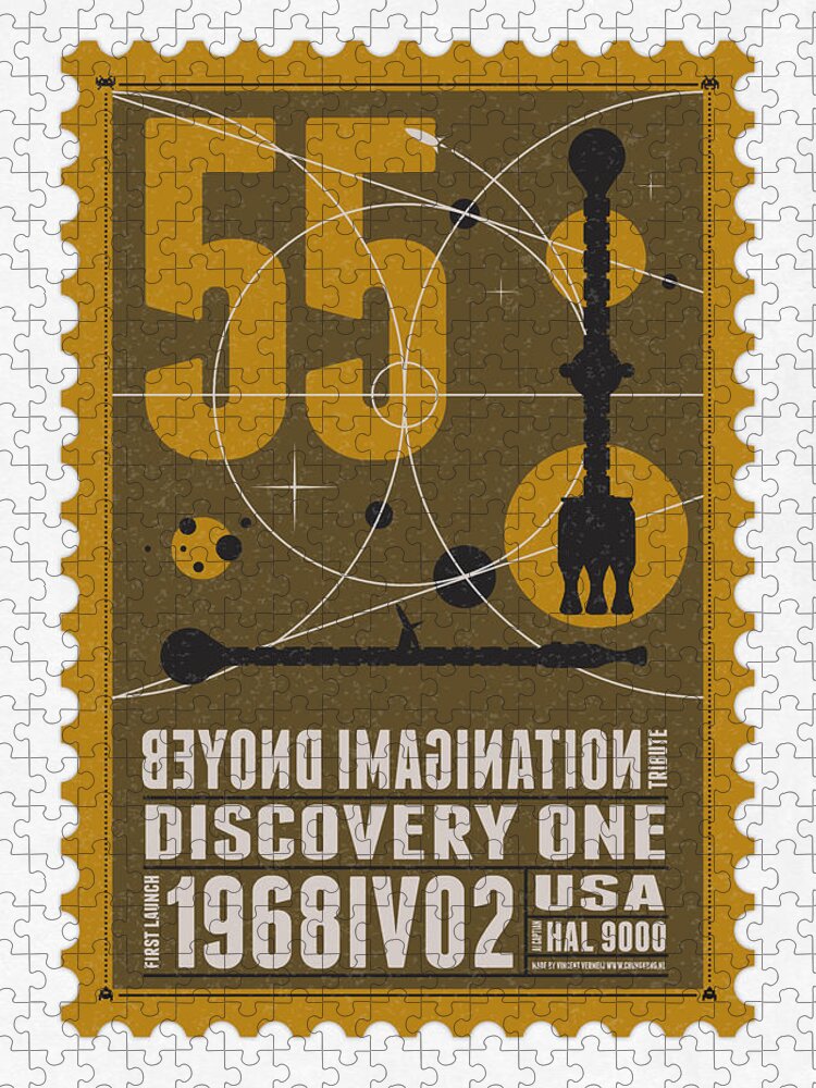 Minimal Jigsaw Puzzle featuring the digital art Starschips 55-poststamp -Discovery One by Chungkong Art