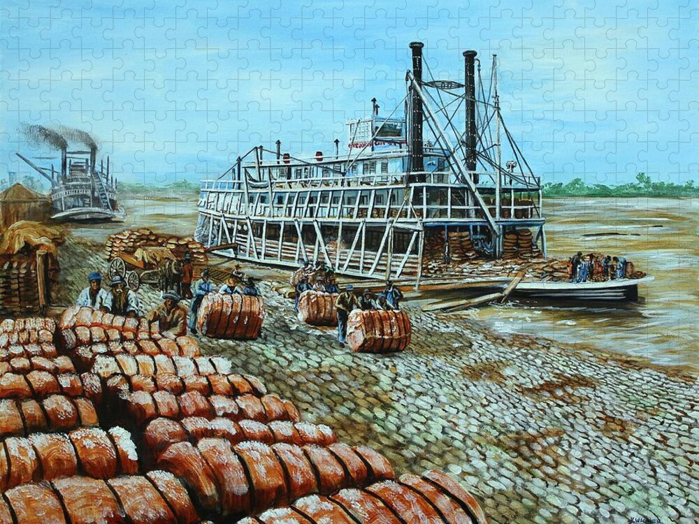 Steamboats Jigsaw Puzzle featuring the painting Steamboat Unloading Cotton in Memphis by Karl Wagner
