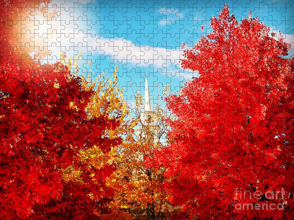 Nature Jigsaw Puzzle featuring the photograph Steeple with Red and Yellow Autumn Trees by Miriam Danar