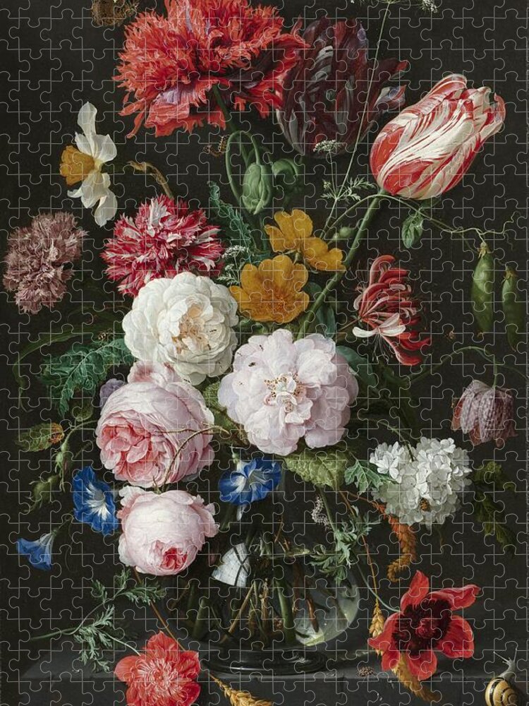 Flowers In Vase Jigsaw Puzzle featuring the painting Still Life With Flowers in Glass Vase by Jan Davidsz de Heem